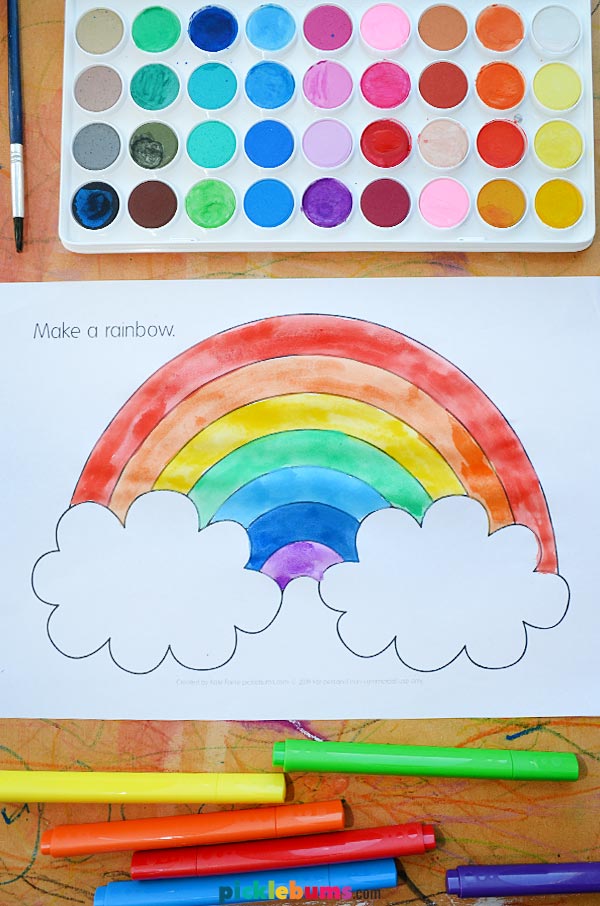 rainbow template with water colour paints and markers