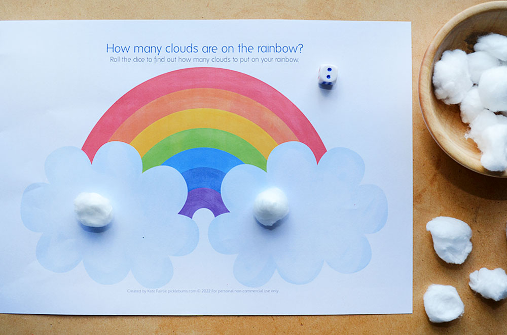 rainbow counting printable with dice, bowl of pom poms
