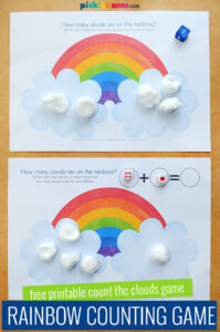 printed rainbow counting games with dice and pom poms