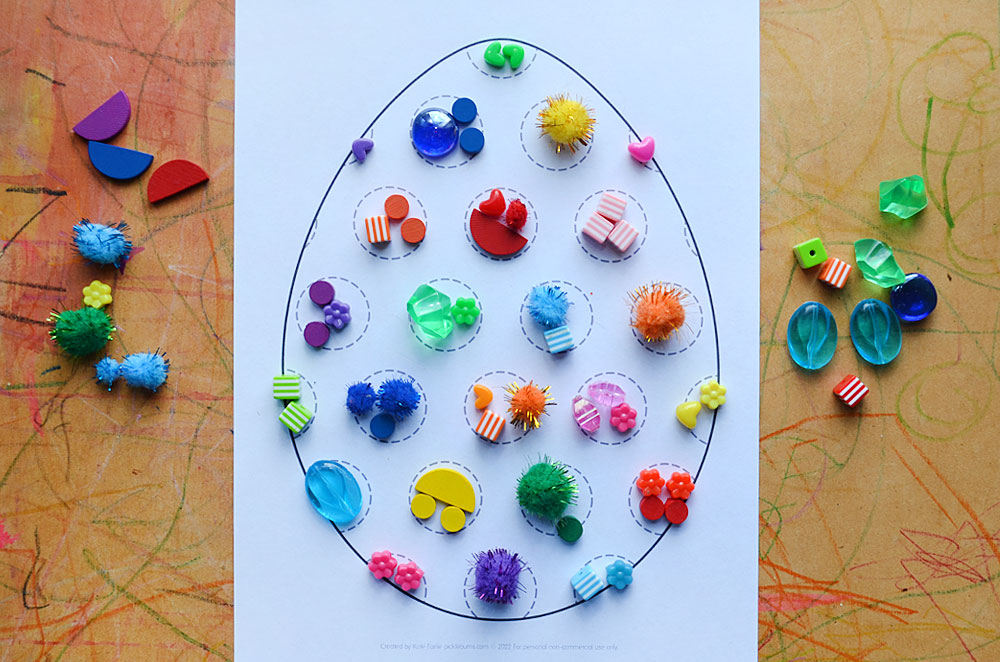 Easter egg pattern mat with spots and loose parts