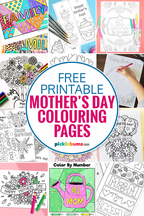Collage of printable Mother's Day colouring pages