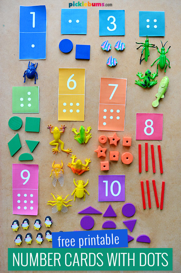 printable number cards with dots 1 - 10 with various items counted