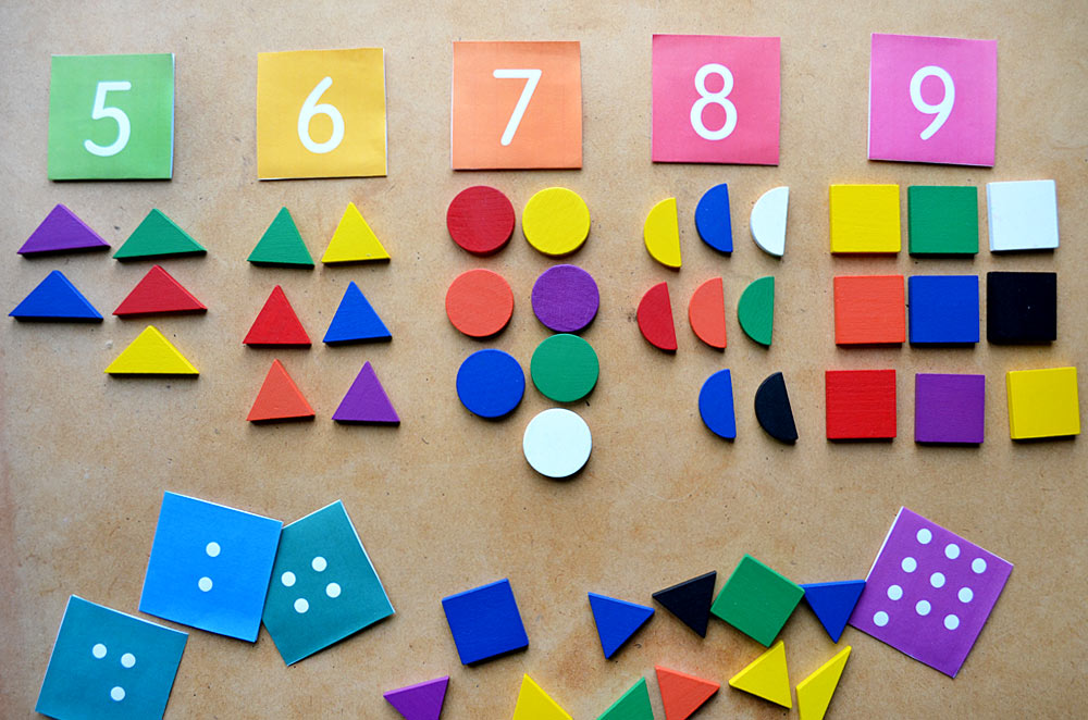 number cards 5 - 9 with wooden shapes
