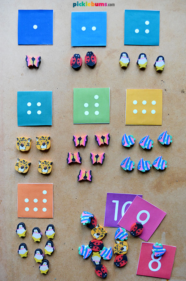 number dot cards with erasers