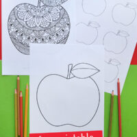Apple colouring pages on red and green background