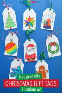 coloured in Christmas gift tags on blue background