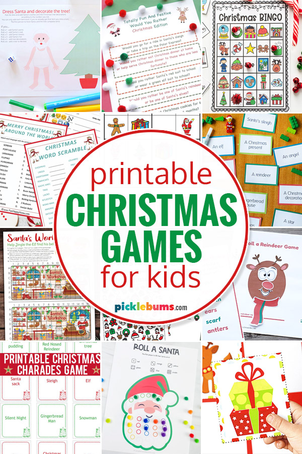 collage of printable Christmas games for kids