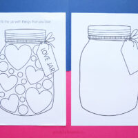 Two printed work sheets on pink and blue background, one is jar filleds with hearts, the other is an empty jar