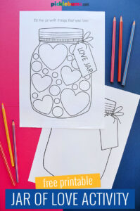 Jar of love printable activity pages on pick and blue background with tect - free printable jar of lover activity