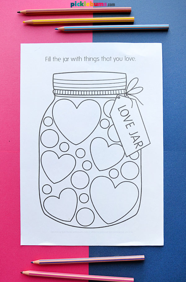 love jar worksheet on pink and blue background with pencils