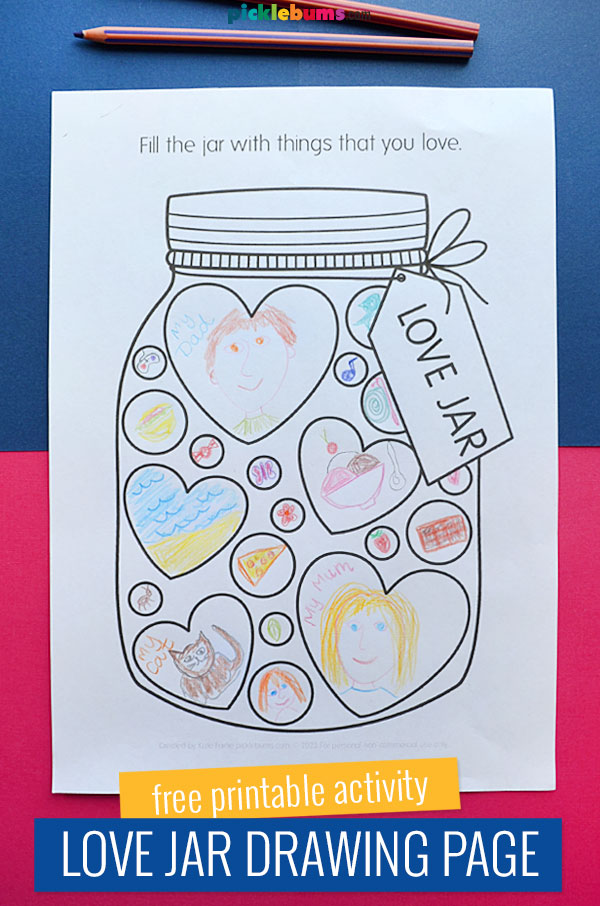 Love jar worssheet filled with drawings on blue and pink background with text - free printable love jar drawing page