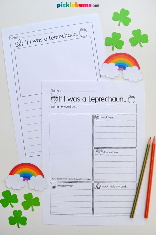 Two leprechaun writing worksheets on a white background with pencils, rainbows and shamrocks either side