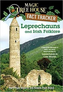 Book cover - Leprechauns and Irish Folklore - picture of a castle on green background