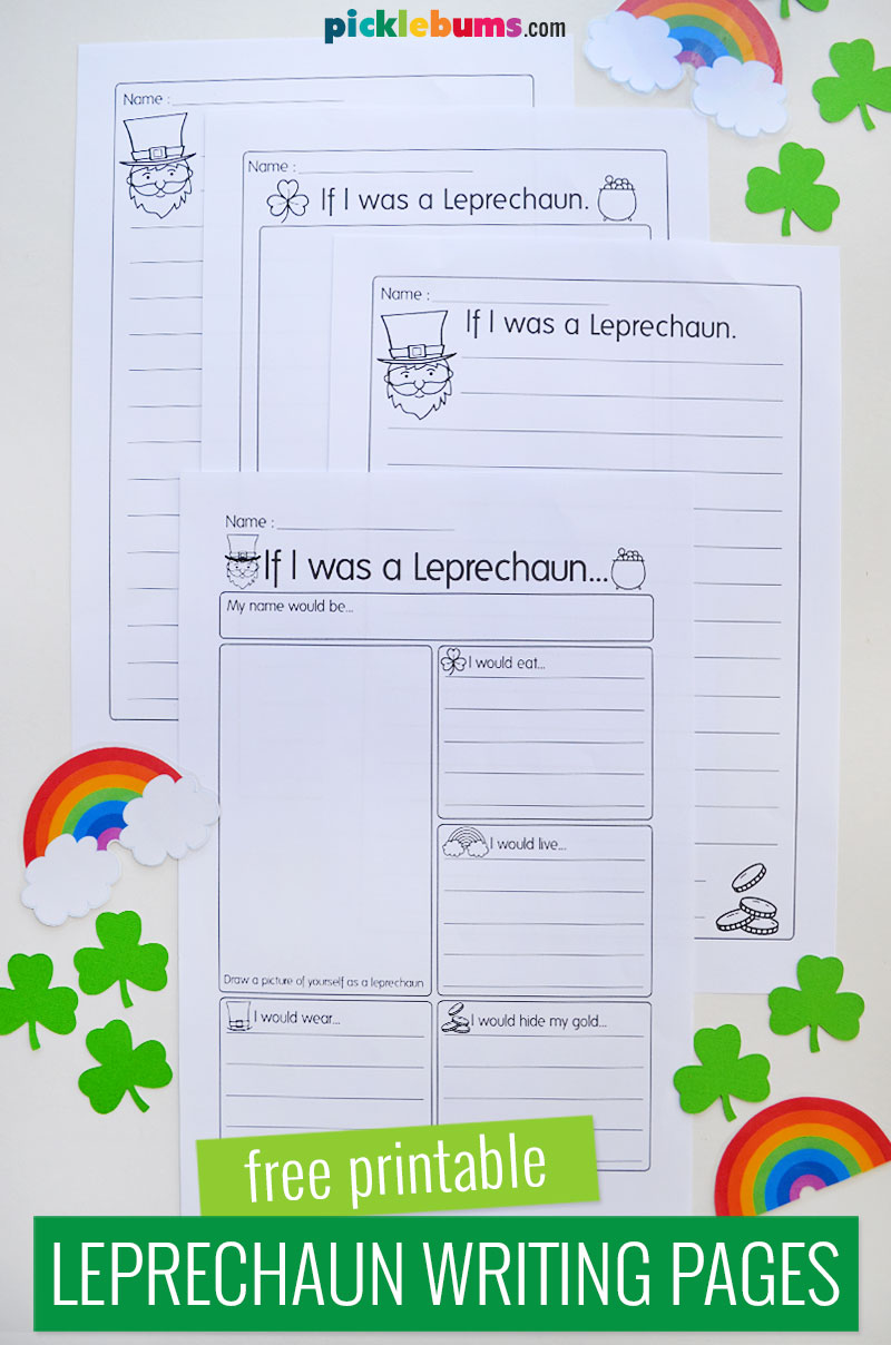 4 printed leprechaun writing pages for kids on a white background with rainbows and shamrocks in the corner
