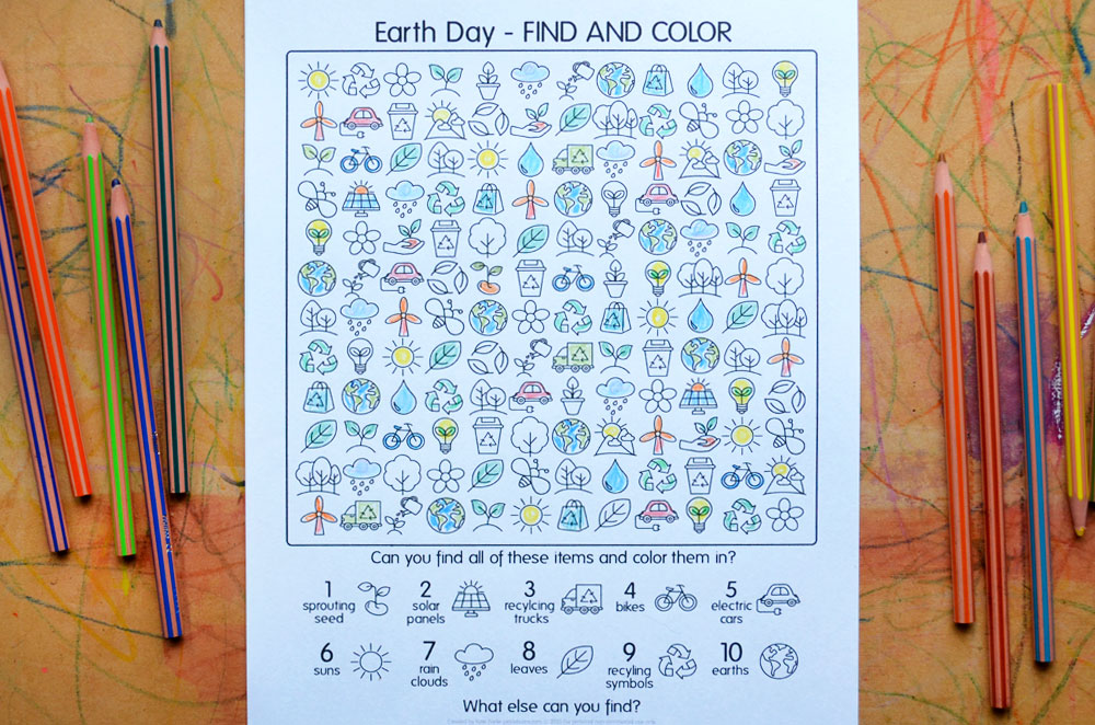 earth day find and colour activity page coloured in with pencil