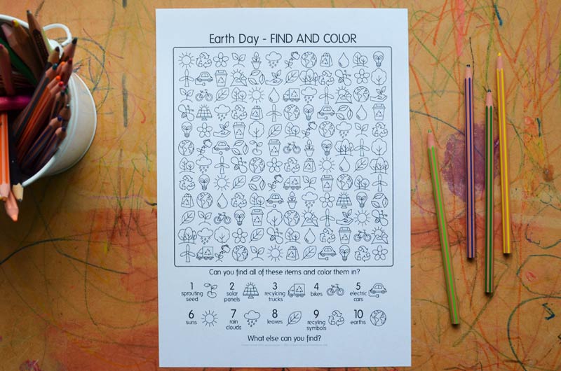 earth day I spy printable on a table with pencils