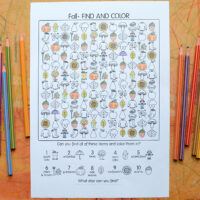 autumn find and colour printable activity page with coloring pencils