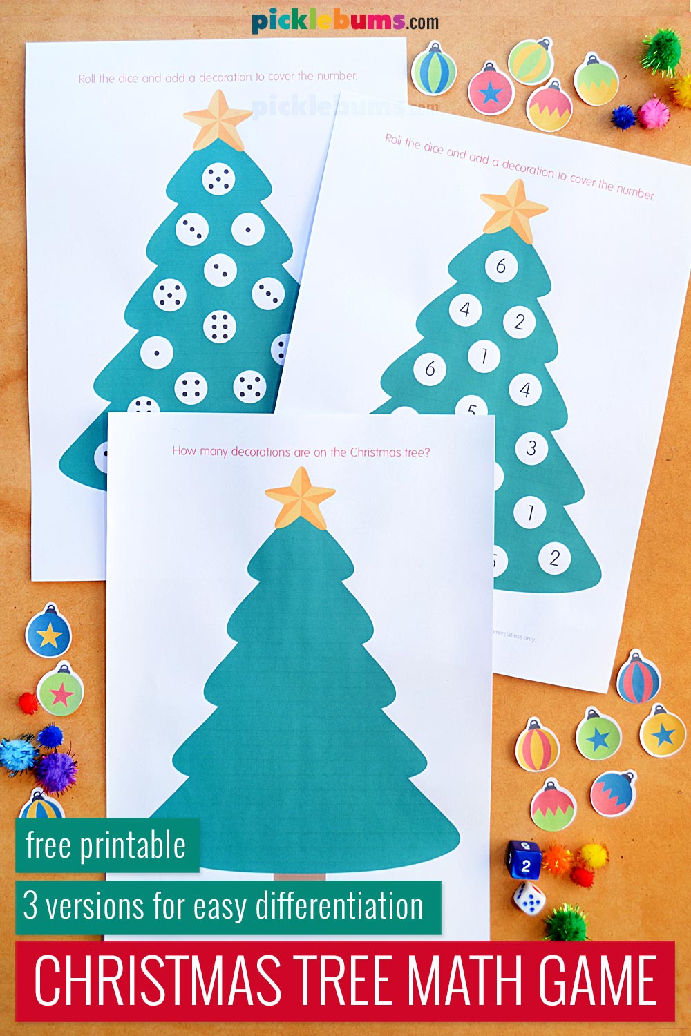Printable Christmas tree maths roll and cover games