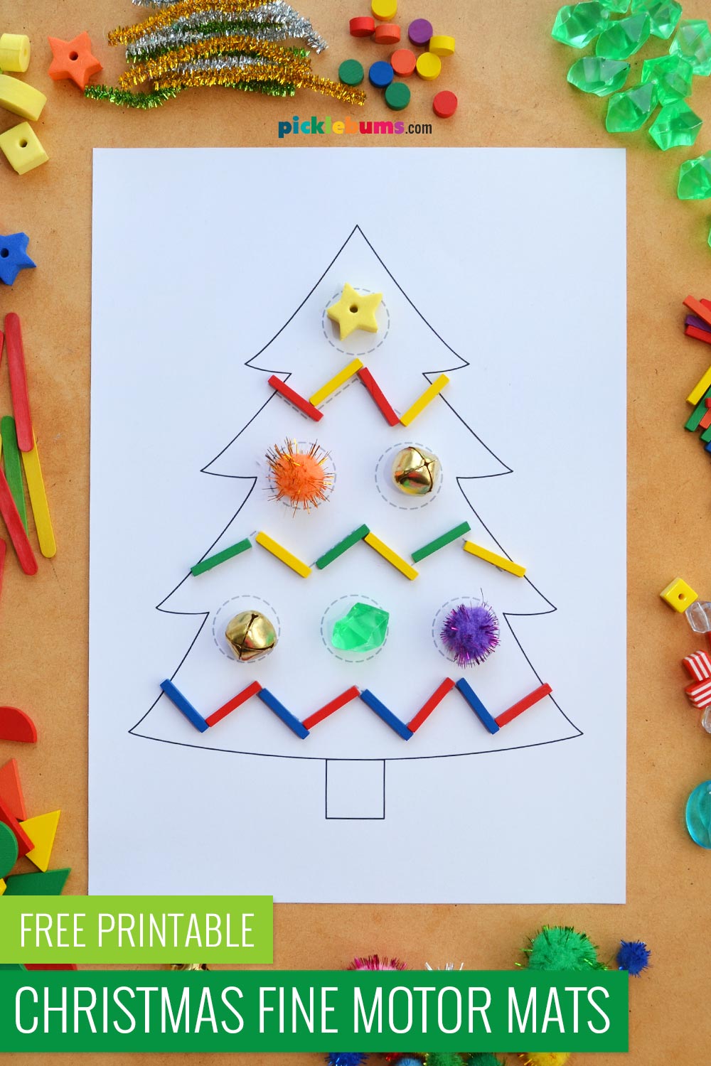 printable Christmas tree fine motor mat with loose parts
